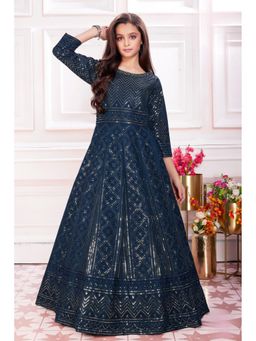 Lagorii - Girls Navy Blue Sequined Long Ethnic Gown
