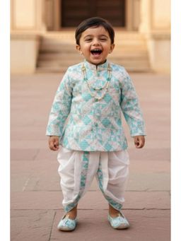 Lagorii - Boys Aqua Blue Geometric Kurta & Dhoti with Shoes & Neckpiece