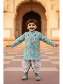 Lagorii - Boys Aqua Blue Leaf Printed Kurta & Dhoti with Shoes & Neckpiece
