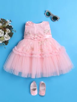 Blabber - Girls Peach Sleeveless Floral Layered Dress with Booties
