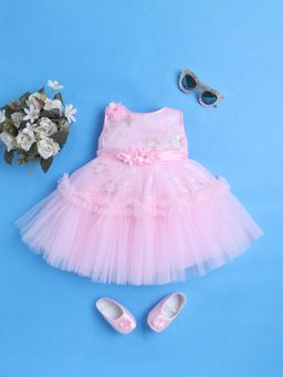 Blabber - Girls Pink Sleeveless Floral Layered Dress with Booties