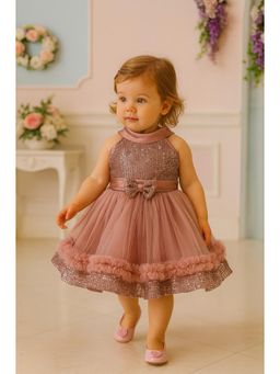Blabber - Girls Pink Net Bow Applique Sequinned Dress