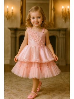 Blabber - Girls Peach Sleeveless Floral Applique Detailed Knee Length Dress