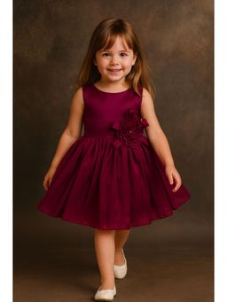 Blabber - Girls Wine Sleeveless Floral Applique Detailed Knee Length Dress
