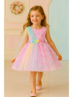 Blabber - Girls Pink Floral Sequins Embellished Layered Knee Length Party Dress