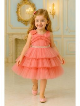 Blabber - Girls Peach Satin Sleeveless Party Dress
