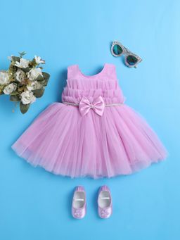 Blabber - Girls Lavender Net Sleeveless Party Frock with Booties