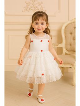 Blabber - Girls White Sleeveless Floral Flared Party Frock with Booties