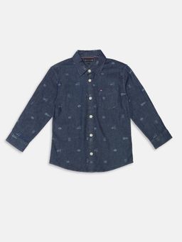 Tommy Hilfiger - Boys Navy Blue Printed Regular Fit Cotton Shirt