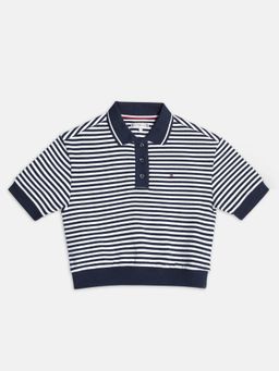 Tommy Hilfiger - Girls Navy Blue Striped Relaxed Fit Cotton Polo T-Shirt