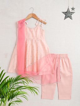 The Magic Wand - Girls Pink Bootie Printed Chanderi Kurti Pant & Dupatta