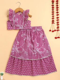 The Magic Wand - Girls Pink Cambric Cotton Floral Printed Top and Double Layered Skirt