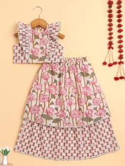 The Magic Wand - Girls Off White Cambric Cotton Floral Printed Top & Double Layered Skirt