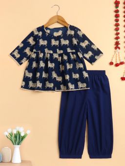 The Magic Wand - Girls Navy Blue Cotton Cow Printed Kurta and Salwar
