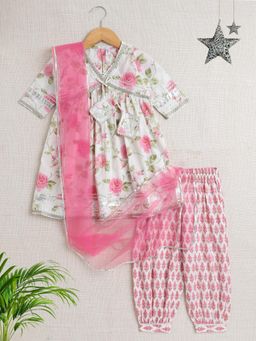 The Magic Wand - Girls White Alia Cut Floral Printed Kurta with Salwar & Dupatta