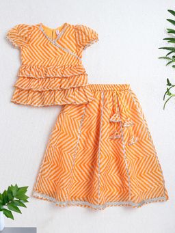 The Magic Wand - Girls Orange Puff Sleeves Leheriya Printed Top and Lehenga