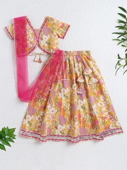The Magic Wand - Girls Mustard Cotton Floral Printed Lehenga & Choli with Dupatta