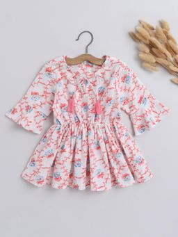 The Magic Wand - Girls Cream Gathered Floral Printed Round Neck Top