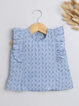 The Magic Wand - Girls Blue Floral Printed Cotton Ruffle Sleeves Top