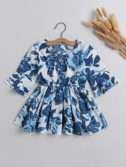 The Magic Wand - Girls Blue Gathered Floral Printed Round Neck Top