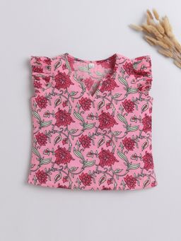 The Magic Wand - Girls Pink Cotton Frill Sleeves Floral Printed Top