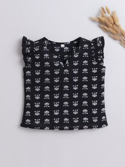 The Magic Wand - Girls Black Cotton Frill Sleeves Floral Printed Top