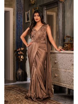 Japnah Gambhir - Nude Brown Drape Saree Paired With Stitched Blouse and Belt