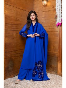 Label Shaurya Sanadhya - Electric Blue Floral Patchwork Kurta With Palazzo And Dupatta