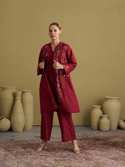 Vaaya - Silk Cotton Burgundy Kurta With Pant And Jacket