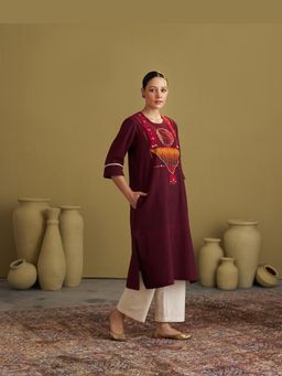 Vaaya - Burgundy Handwoven Cotton and Ikat Handwork Kurta and Palazzo Set