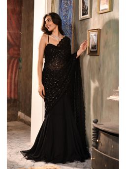 Japnah Gambhir - Embellished Black Poly Crepe Lehenga Saree With Stitched Blouse And Dupatta