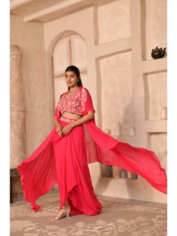 Japnah Gambhir - Embroidered Paradise Pink Drape Skirt with Blouse and Cape