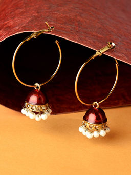 Fida - Ethnic Traditional Hoop Red Jhumka Earrings With White Pearl Drops
