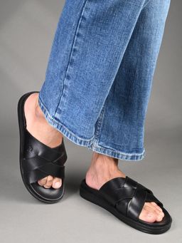 Louis Stitch - Black Kolhapuri Style Lightweight Cross Strap Leather Sandals