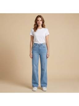 XYLA - Blue Women High Waist Cotton Solid Straight Leg Jeans
