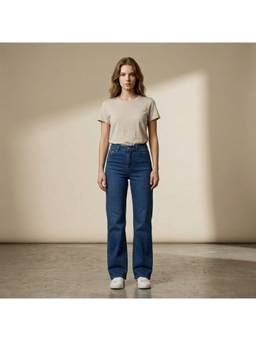 XYLA - Blue Women's High Waist Cotton Solid Straight Leg Jeans