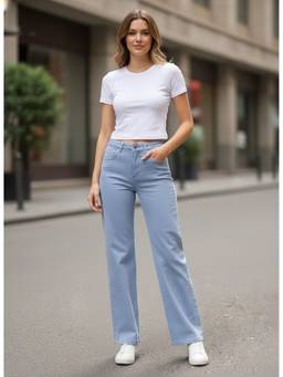 XYLA - Blue Womens High Waist Cotton Solid Straight Leg Jeans