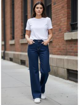 XYLA - Women Blue High Waist Cotton Solid Straight Leg Jeans