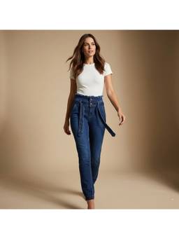 XYLA - Blue High Waist Cotton Solid Ankle Leg Jeans