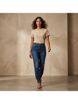 XYLA - Blue Women Mid Waist Cotton Solid Tapered Leg Jeans
