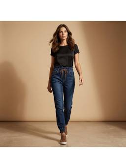XYLA - Women Blue Mid Waist Cotton Solid Tapered Leg Jeans
