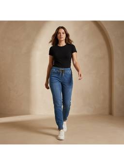XYLA - Blue Womens Mid Waist Cotton Solid Tapered Leg Jeans