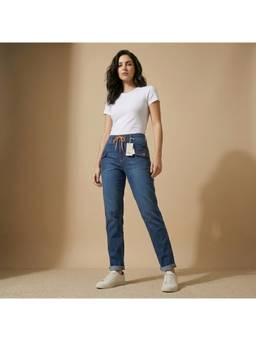 XYLA - Blue Women Mid Waist Cotton Solid Straight Leg Jeans