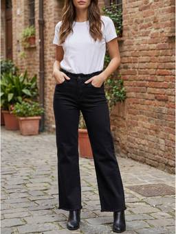 XYLA - Black Womens Mid Waist Cotton Solid Straight Leg Jeans