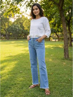 XYLA - Blue Womens Mid Waist Cotton Solid Straight Leg Jeans