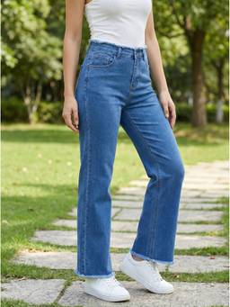 XYLA - Blue Women's Mid Waist Cotton Solid Straight Leg Jeans