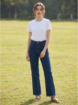 XYLA - Navy Blue Women Mid Waist Cotton Solid Straight Leg Jeans