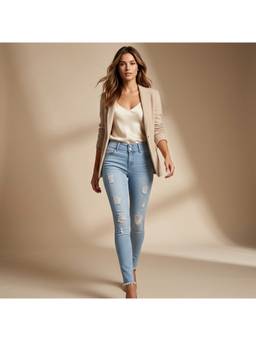 XYLA - Women Mid Waist Cotton Blue Solid Ankle Leg Jeans