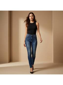 XYLA - Women's Blue High Waist Cotton Solid Straight Leg Jeans