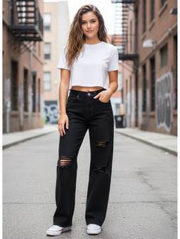XYLA - Black Womens High Waist Cotton Solid Straight Leg Jeans